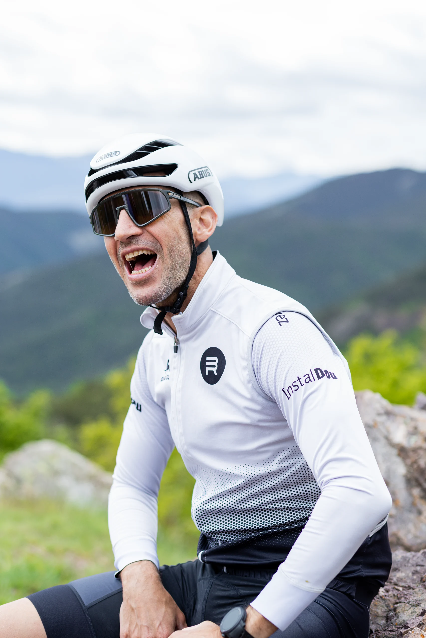A cyclist reacting at the end of the ride
